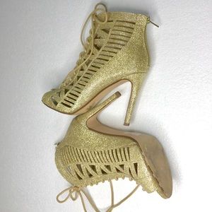Gold Lace Up High Heel Cutout Bootie Sandals Sz 8